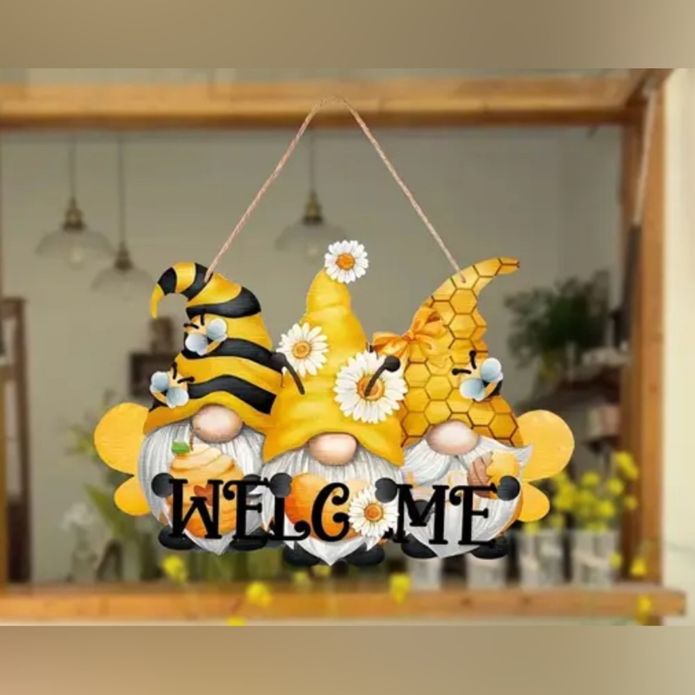 Yellow and Black Gnome Welcome Sign